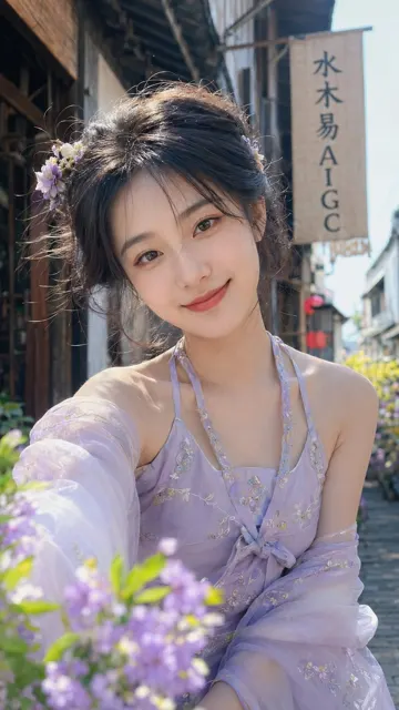 Jiangnan ancient town purple hanfu selfie portrait
