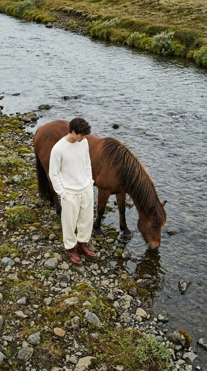 Icelandic river man brown horse overhead — After