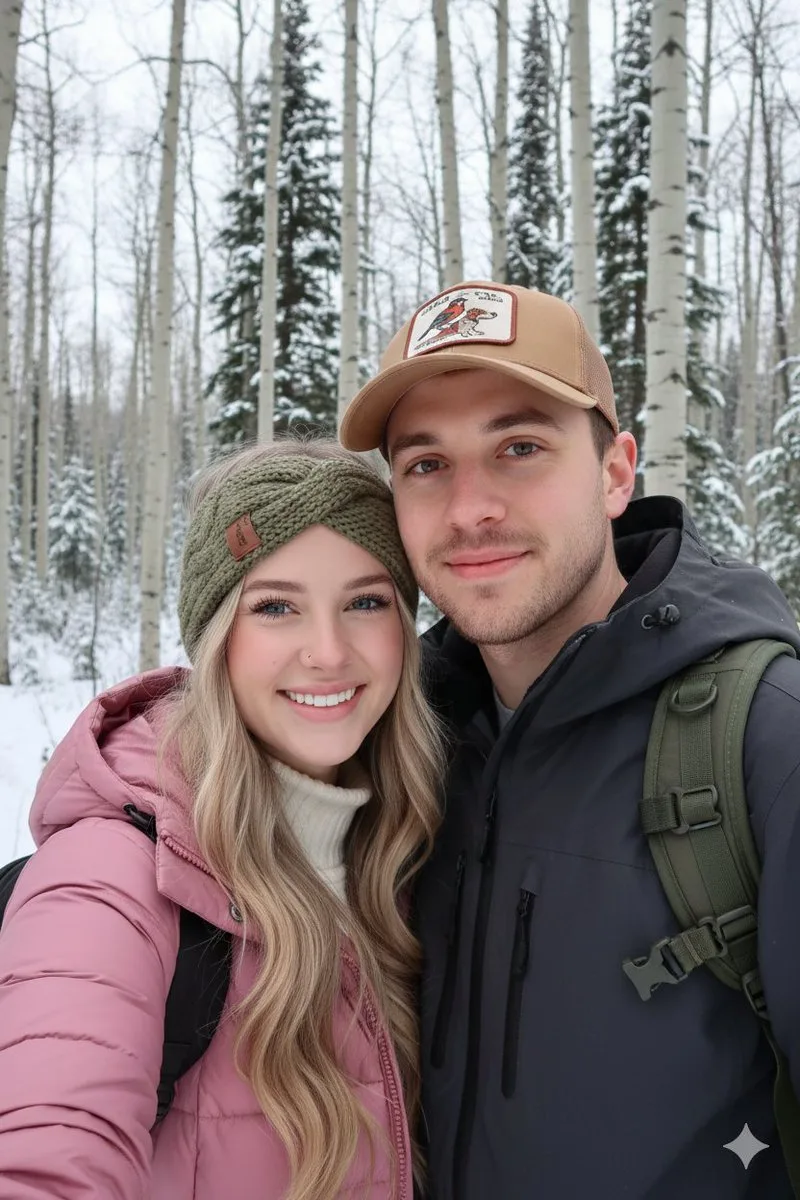 Snowy forest hiking couple selfie — After