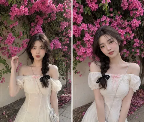 Dreamy bougainvillea portrait woman ivory dress