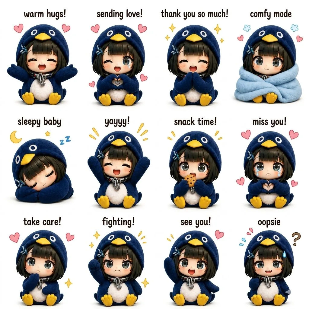 Kawaii chibi penguin hoodie girl sticker sheet — After