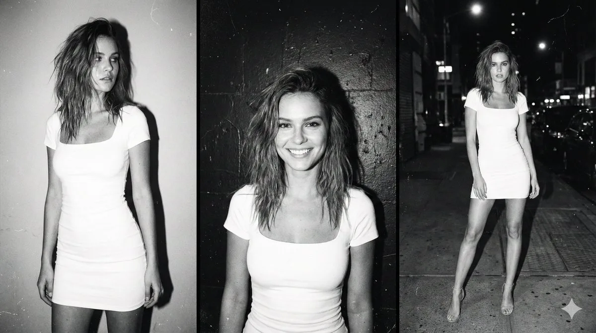 Black white film triptych white dress shadow — Sonra