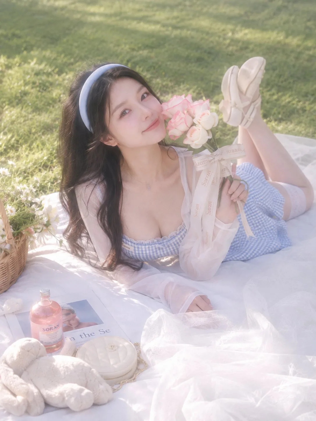 East asian female sunny lawn picnic vintage portrait — After