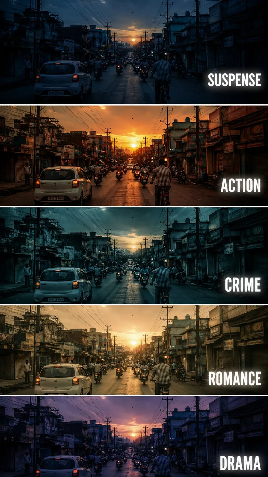 Cinematic film genre color grading comparison poster — Sonra