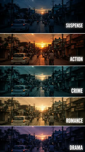 Cinematic film genre color grading comparison poster