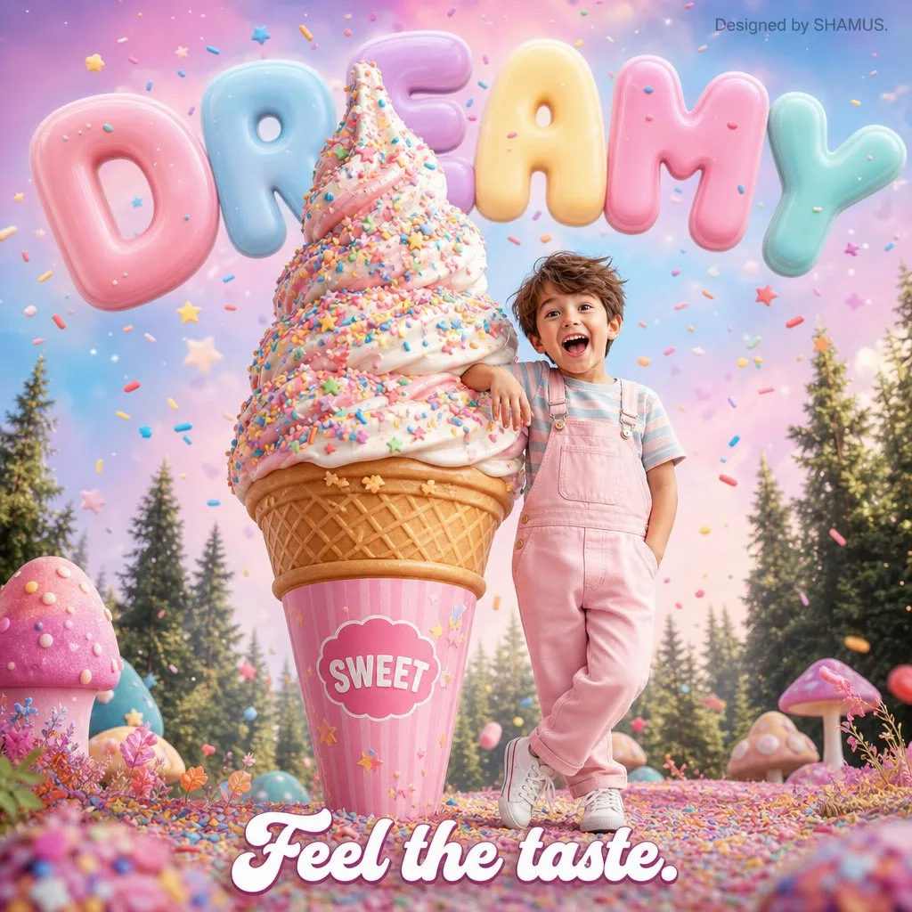 Dreamy forest giant ice cream boy dessert poster — Sonra