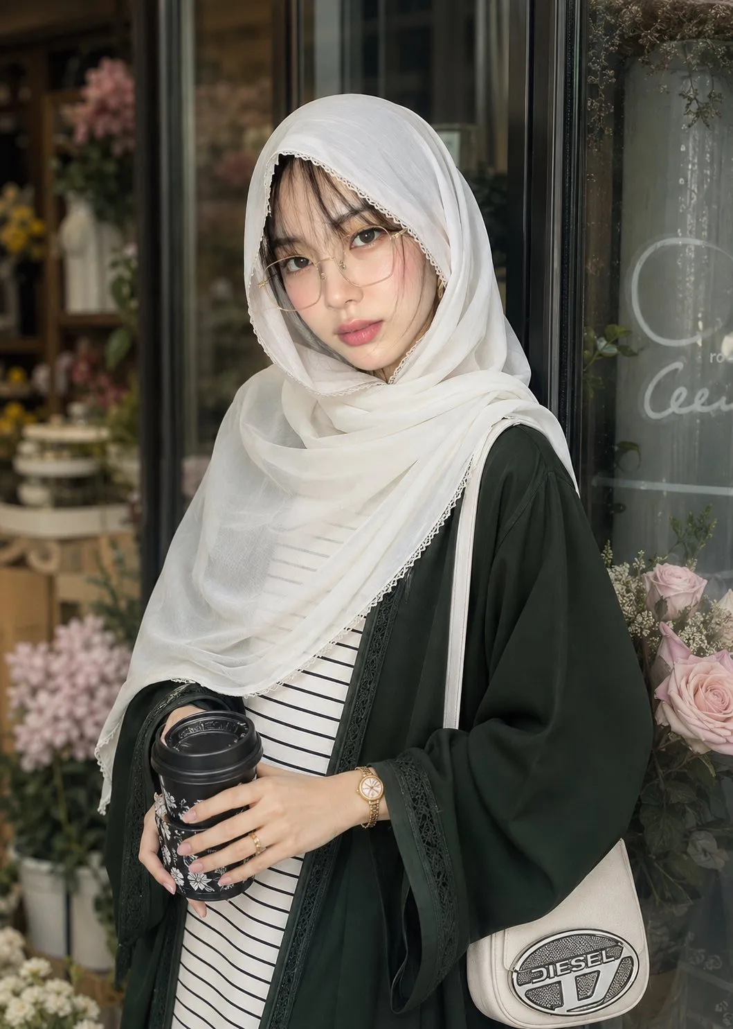 Portrait young woman white hijab green abaya makeup — After