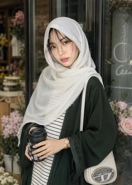 Portrait young woman white hijab green abaya makeup
