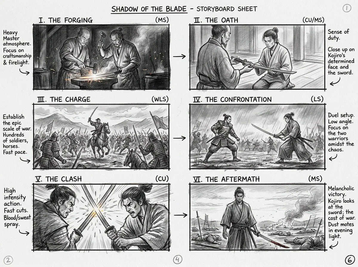 Cinematic pencil storyboard — Sonra