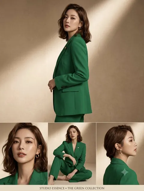 Professional multi angle fashion photography emerald green pantsuit