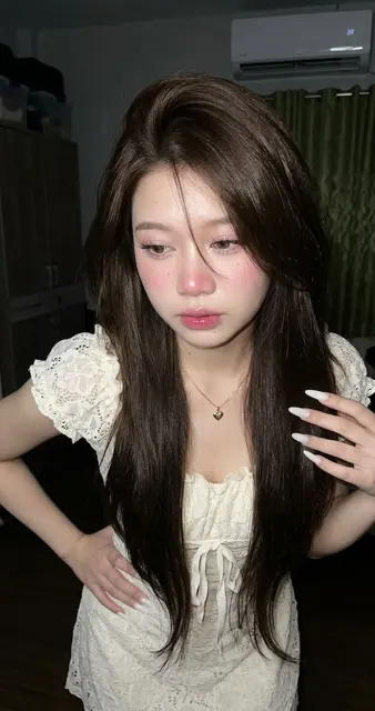 Realistic clean girl makeup long dark brown hair woman