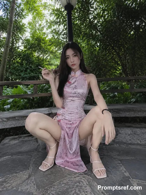 Smartphone style pink qipao garden portrait