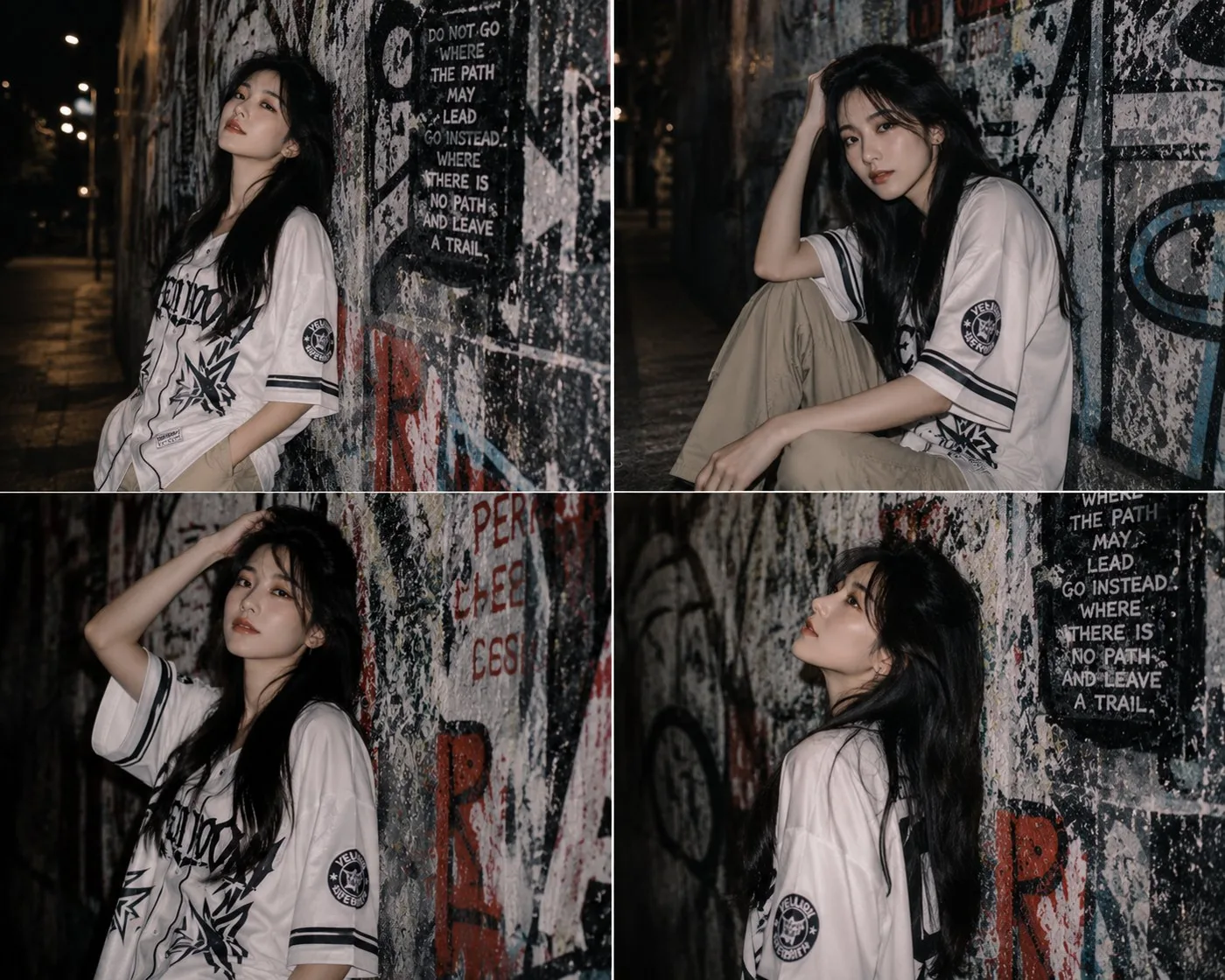 Cinematic street style east asian woman graffiti wall — After
