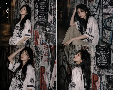 Cinematic street style east asian woman graffiti wall
