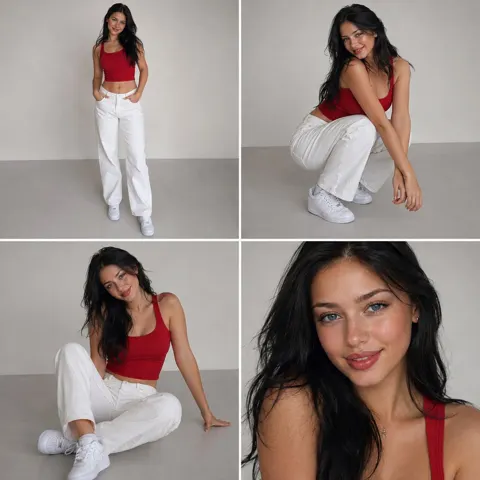 Red crop top white jeans fashion portrait collage