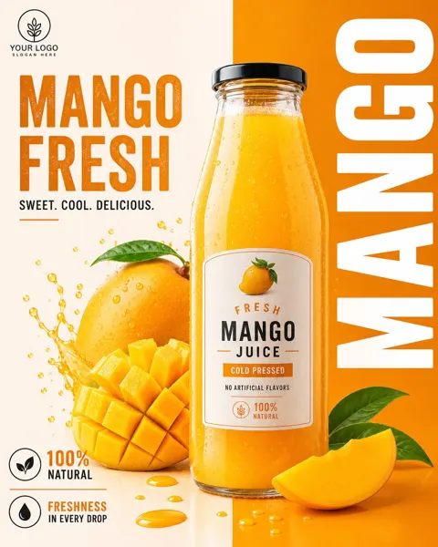 Premium mango juice commercial poster prompt