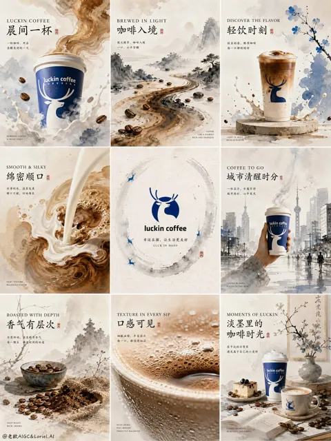 Luckin coffee premium chinese ink wash collage prompt