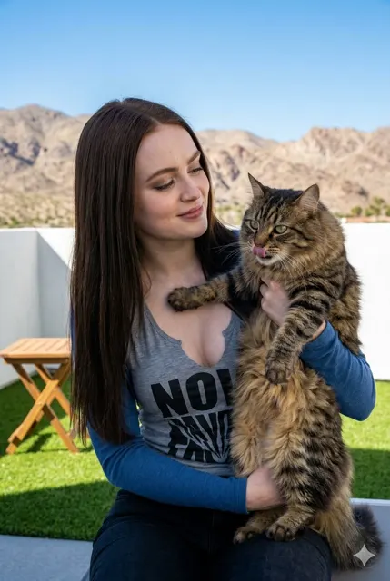 Woman holding tabby cat sunny patio desert mountains
