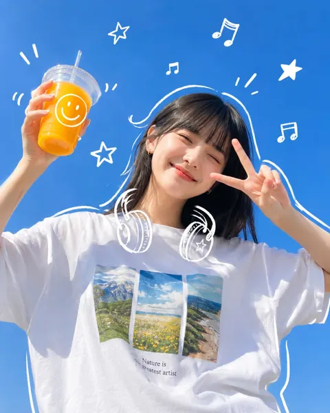 Vibrant pop art girl with doodle orange juice