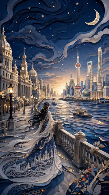 Modern oriental female bund dreamscape papercut art