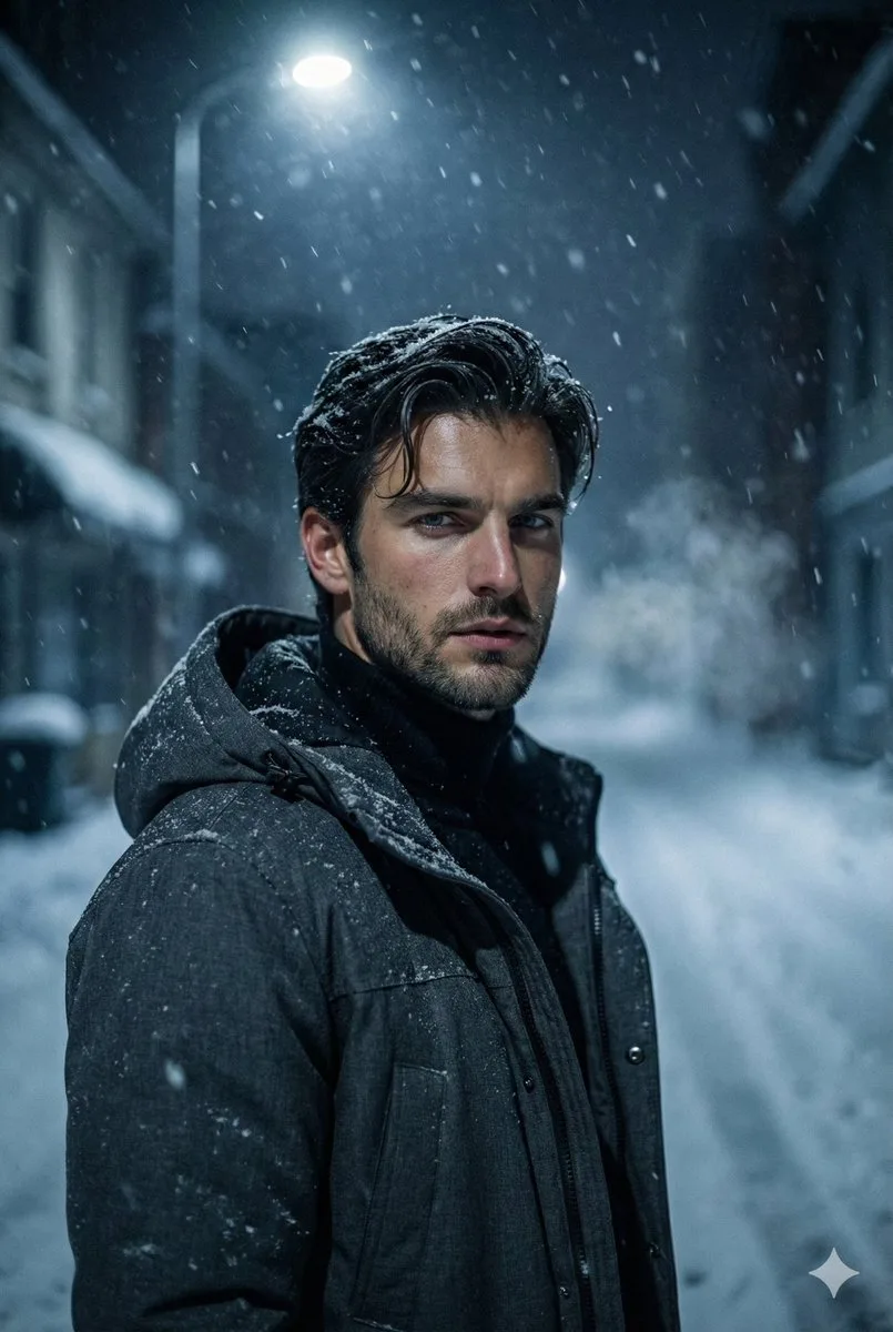 Snowy night noir portrait — Sonra