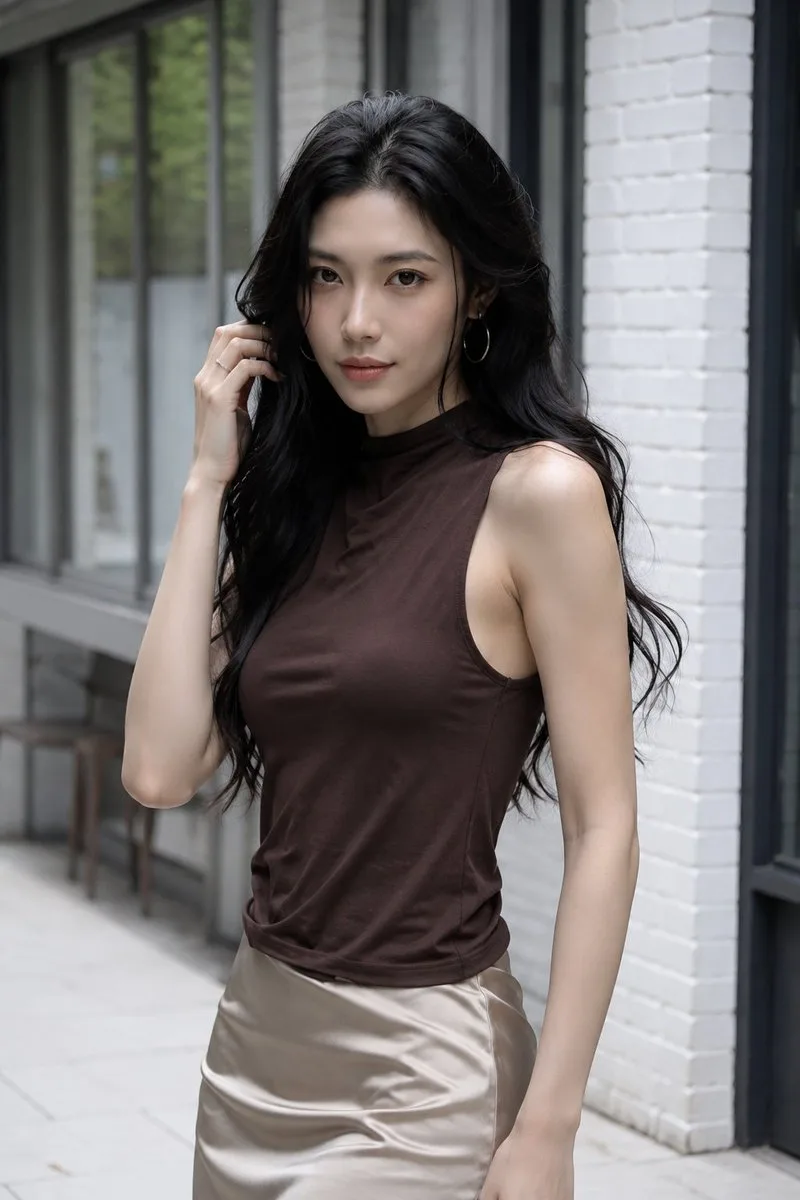 Hyper realistic east asian woman fashion outdoor portrait — Sonra