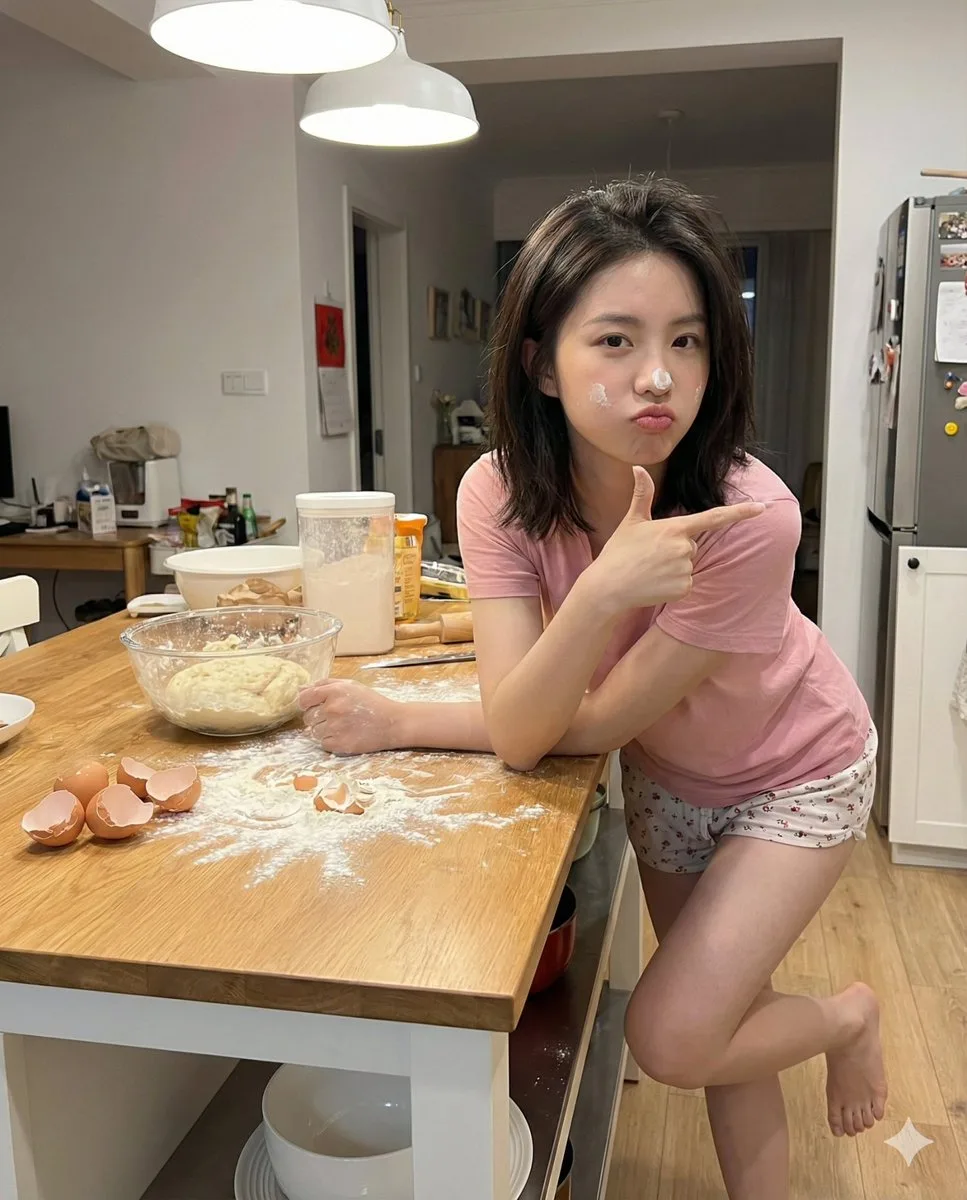 Messy kitchen flour laughing girl — After
