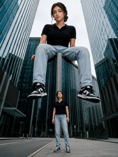 Giant person surreal city identity reference prompt