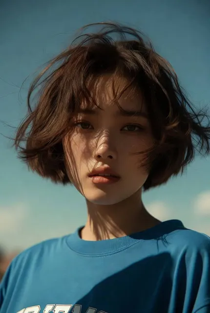 Cinematic asian woman blue sweatshirt golden hour
