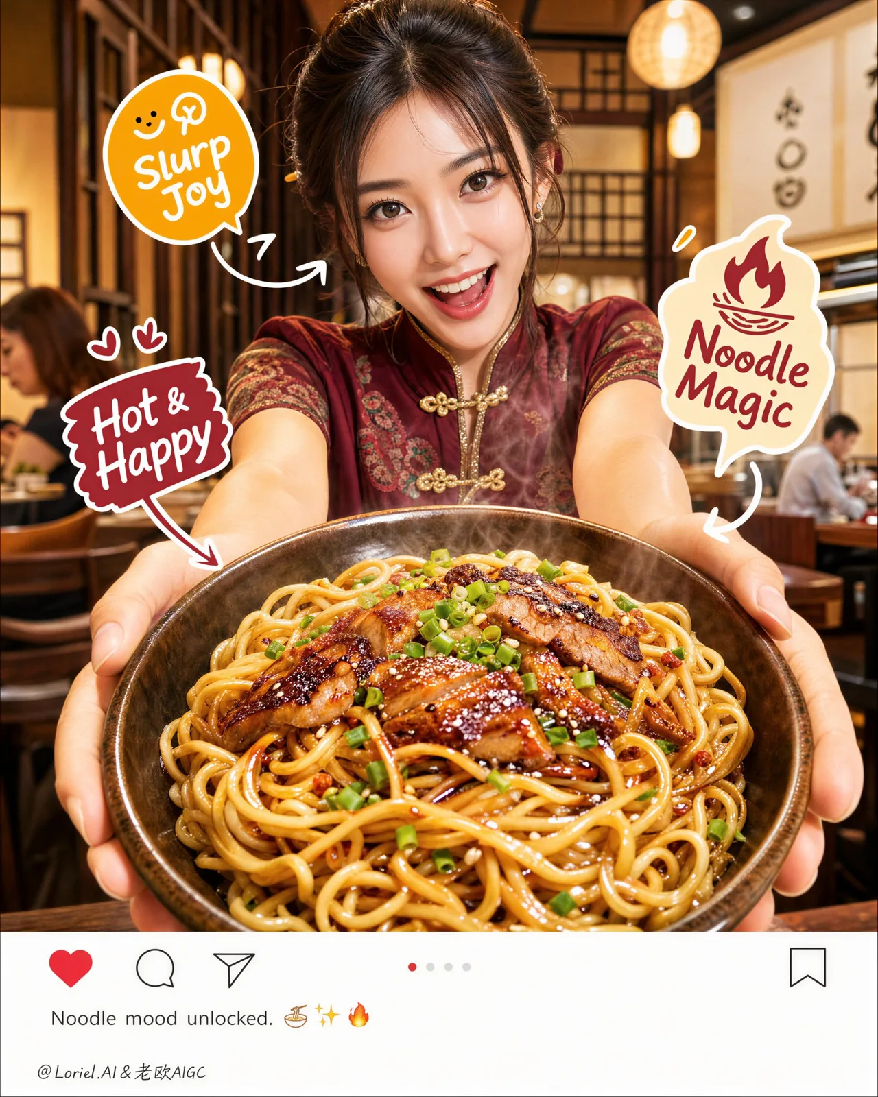 Premium tang style woman noodle key visual — Sonra