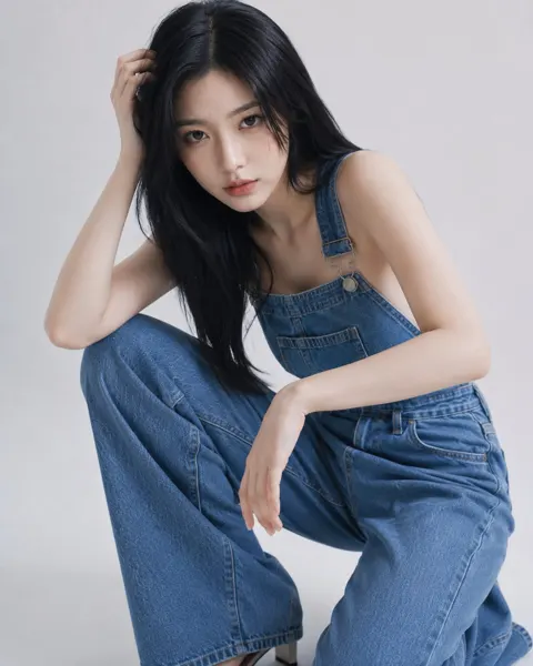 Cool east asian woman denim jumpsuit portrait