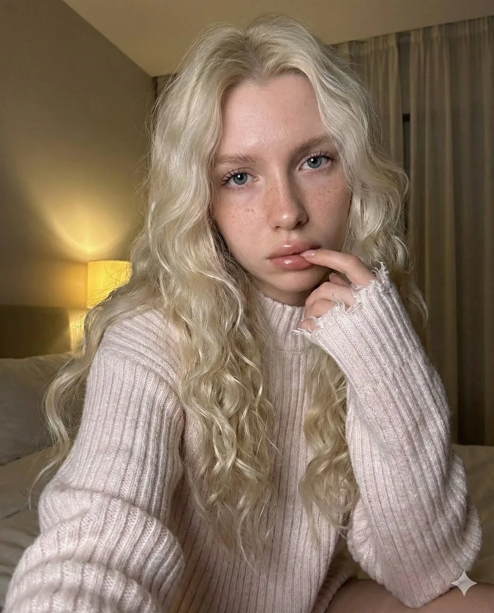 Melancholic blonde selfie warm bedroom — Sonra