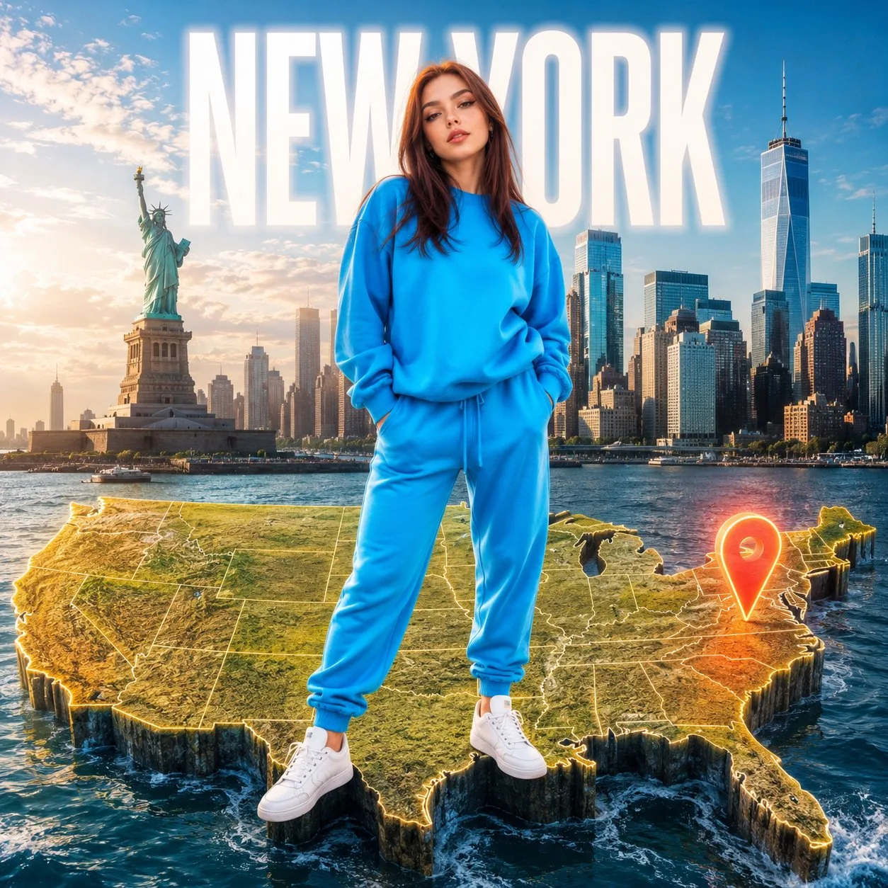 Ultra realistic 8k travel portrait new york neon outfit — After