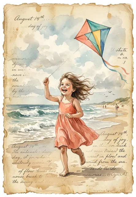 Little girl flying kite vintage watercolor