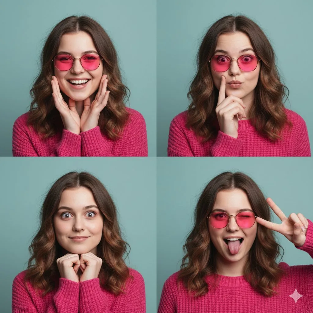 Playful pink sweater girl collage — Sonra