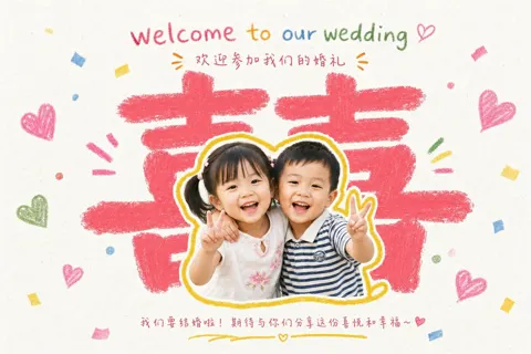 Childhood photo wedding invitation hand drawn collage
