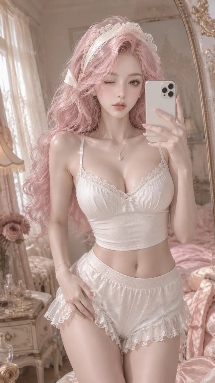 French creamy korean style mirror selfie fashion photography — After