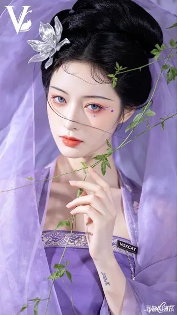 Oriental fantasy purple flower goddess portrait