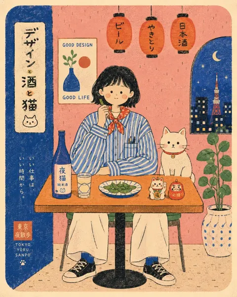 Whimsical japanese retro cafe illustration