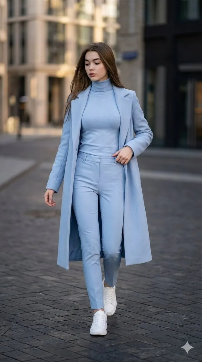Morandi blue minimalist urban fashion — After