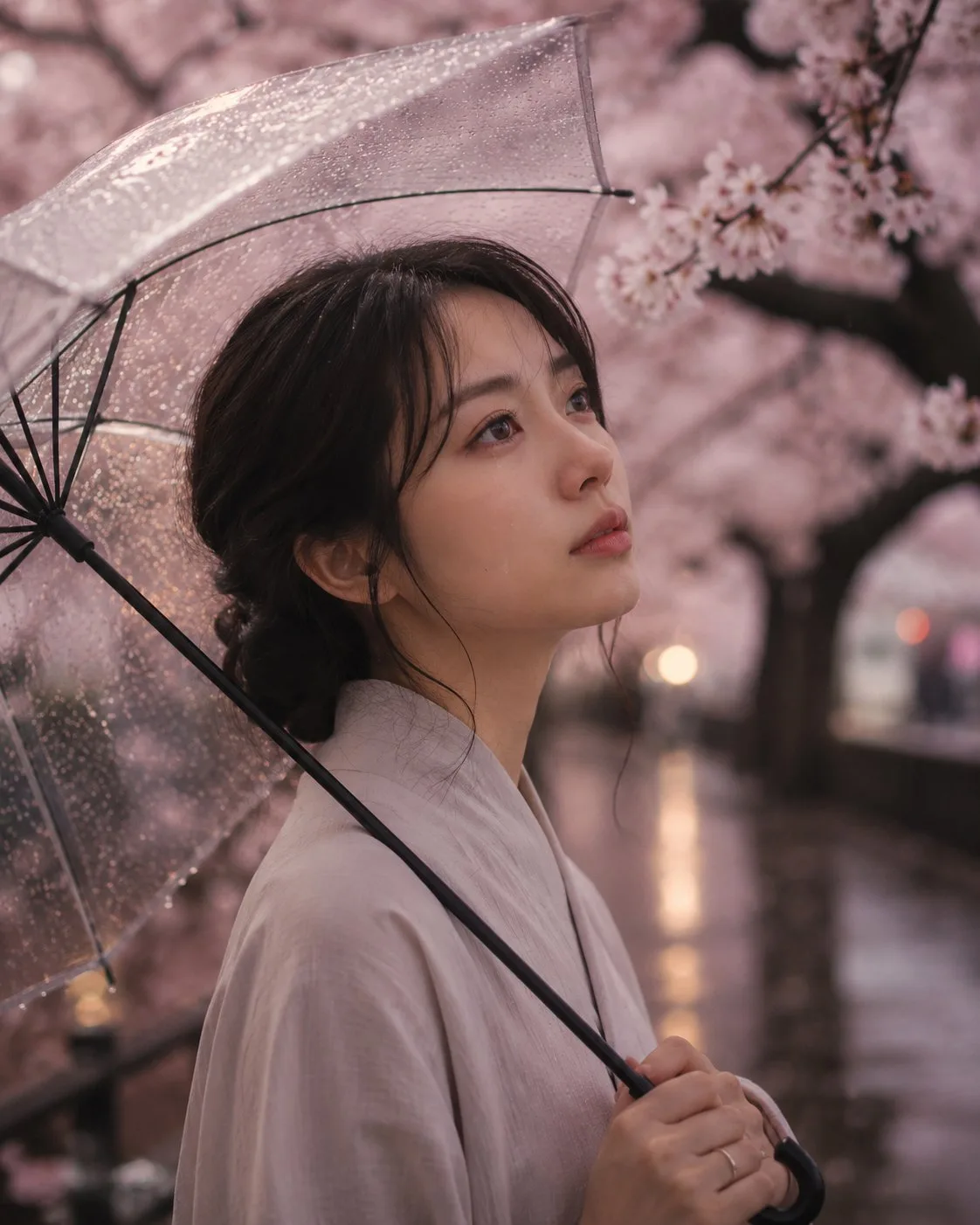 Japanese woman cherry blossom rain cinematic portrait — After