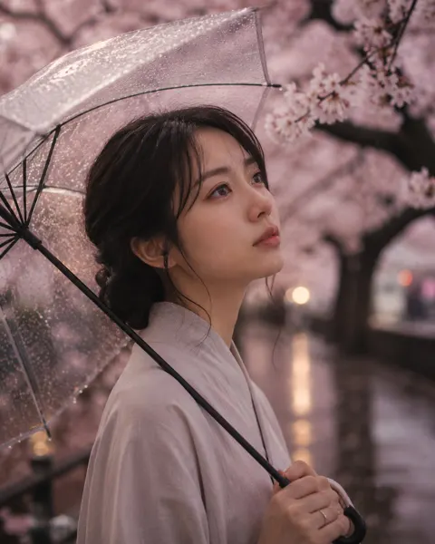 Japanese woman cherry blossom rain cinematic portrait