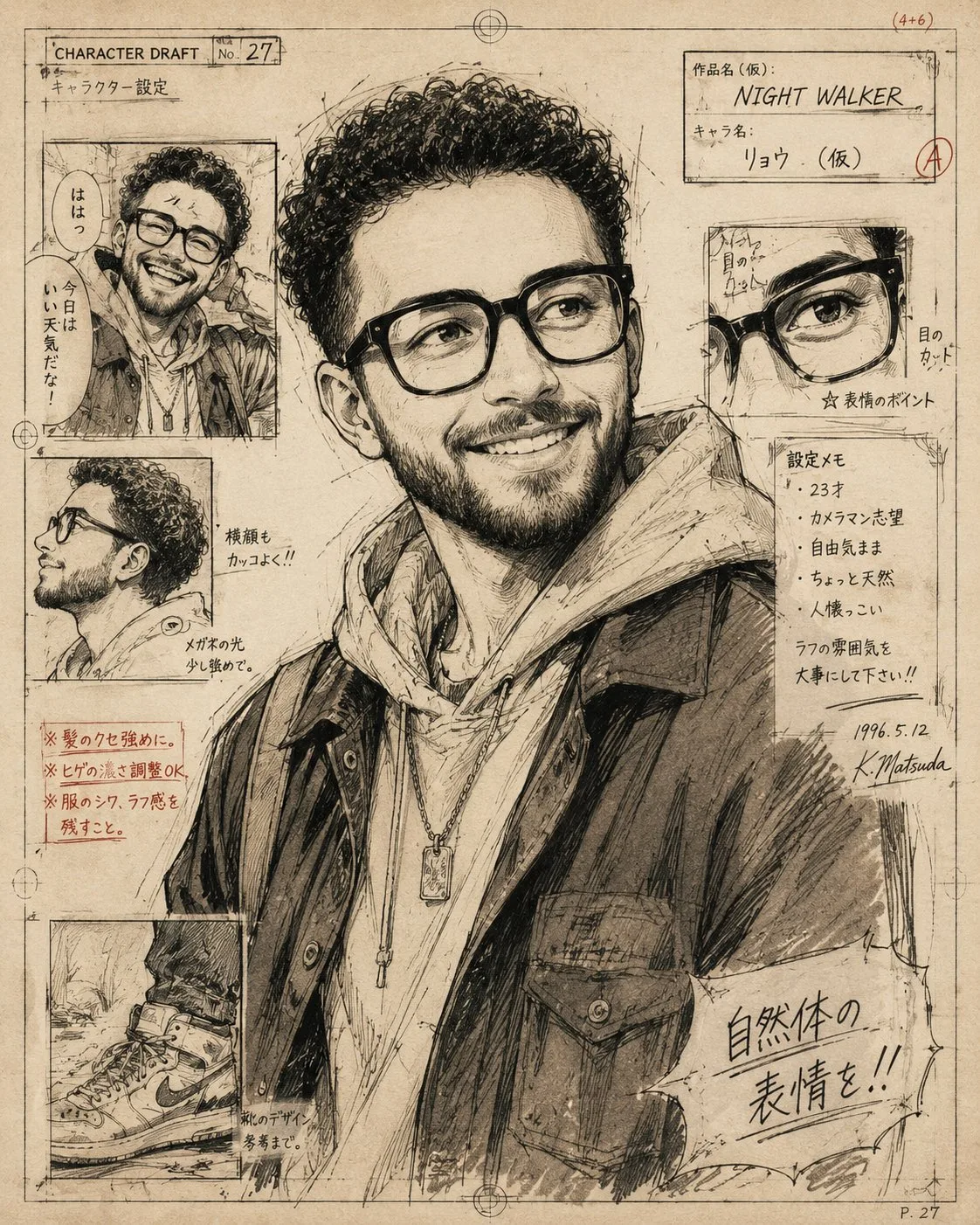 Vintage 90s manga draft style portrait illustration — After