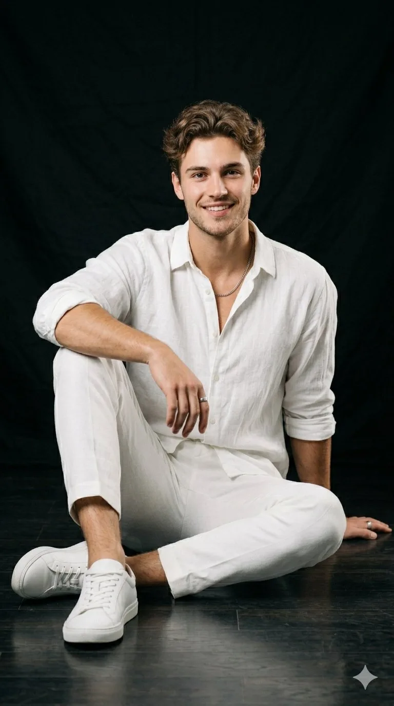 Professional studio portrait white linen man — Sonra