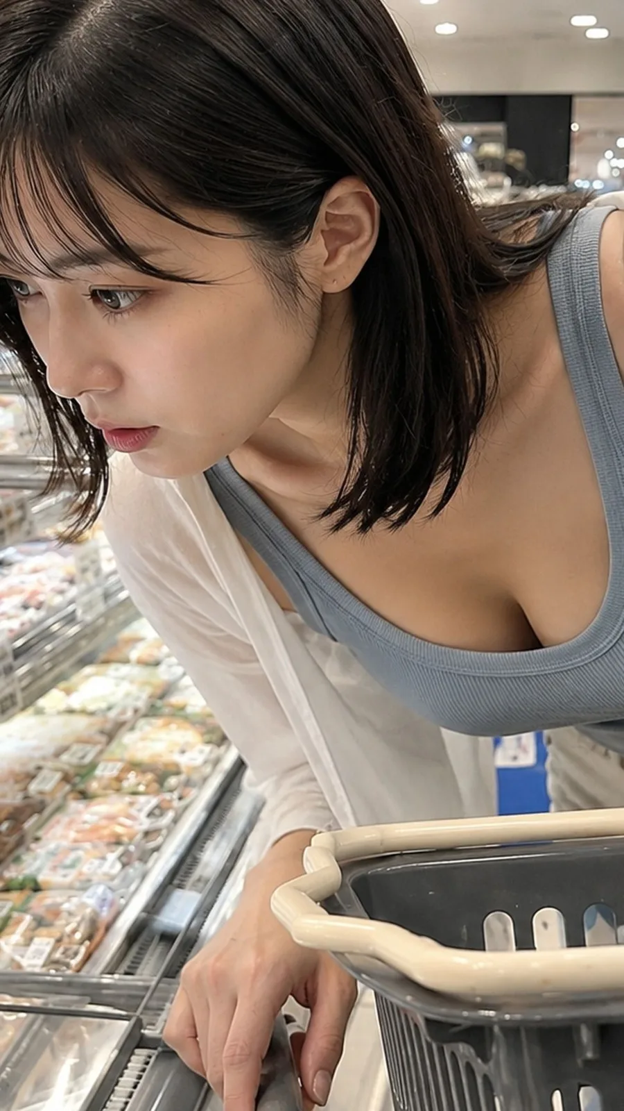 Japanese woman shopping supermarket freezer advertisement — After