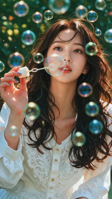 Ultra realistic cinematic portrait east asian woman bubbles garden