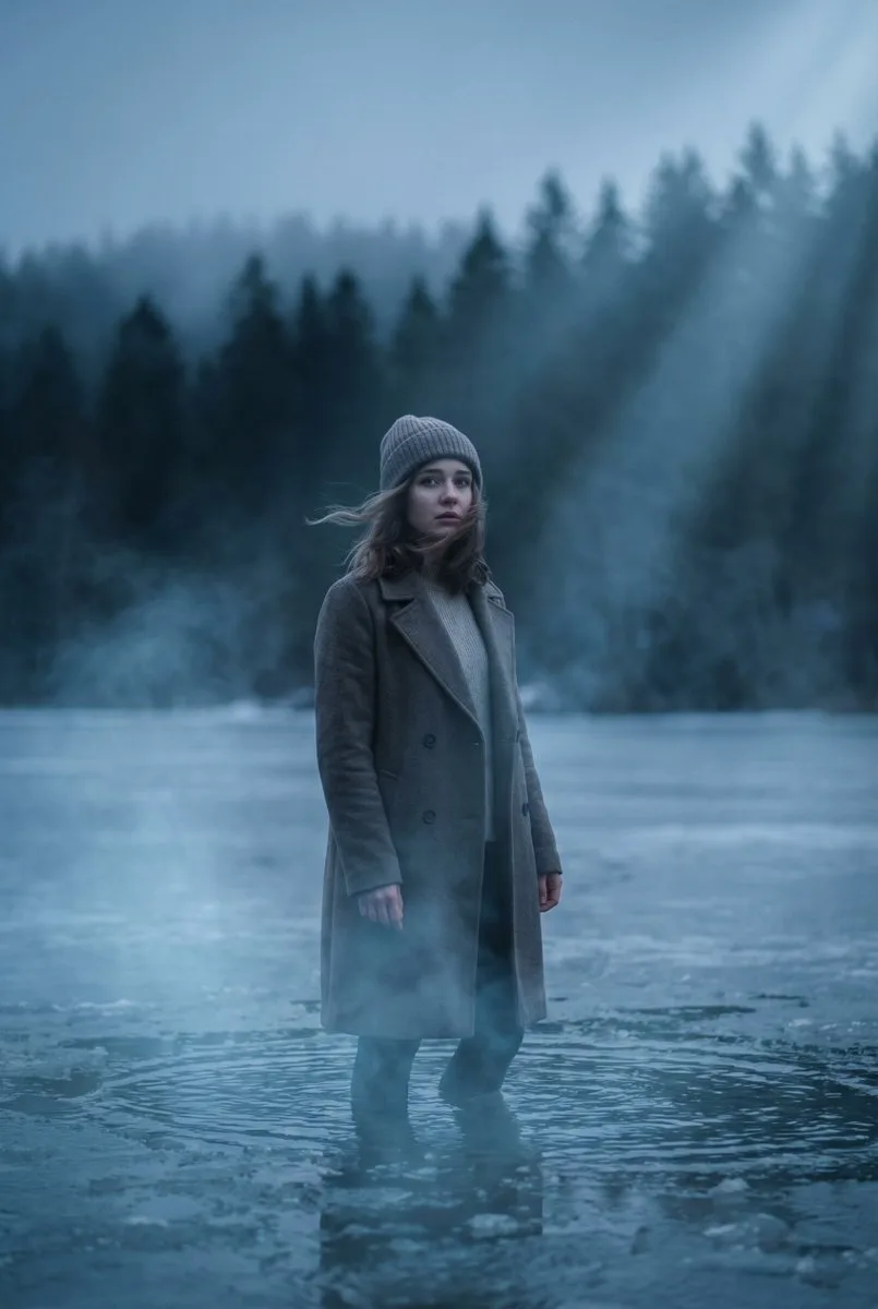 Cinematic girl in misty frozen lake dusk — After