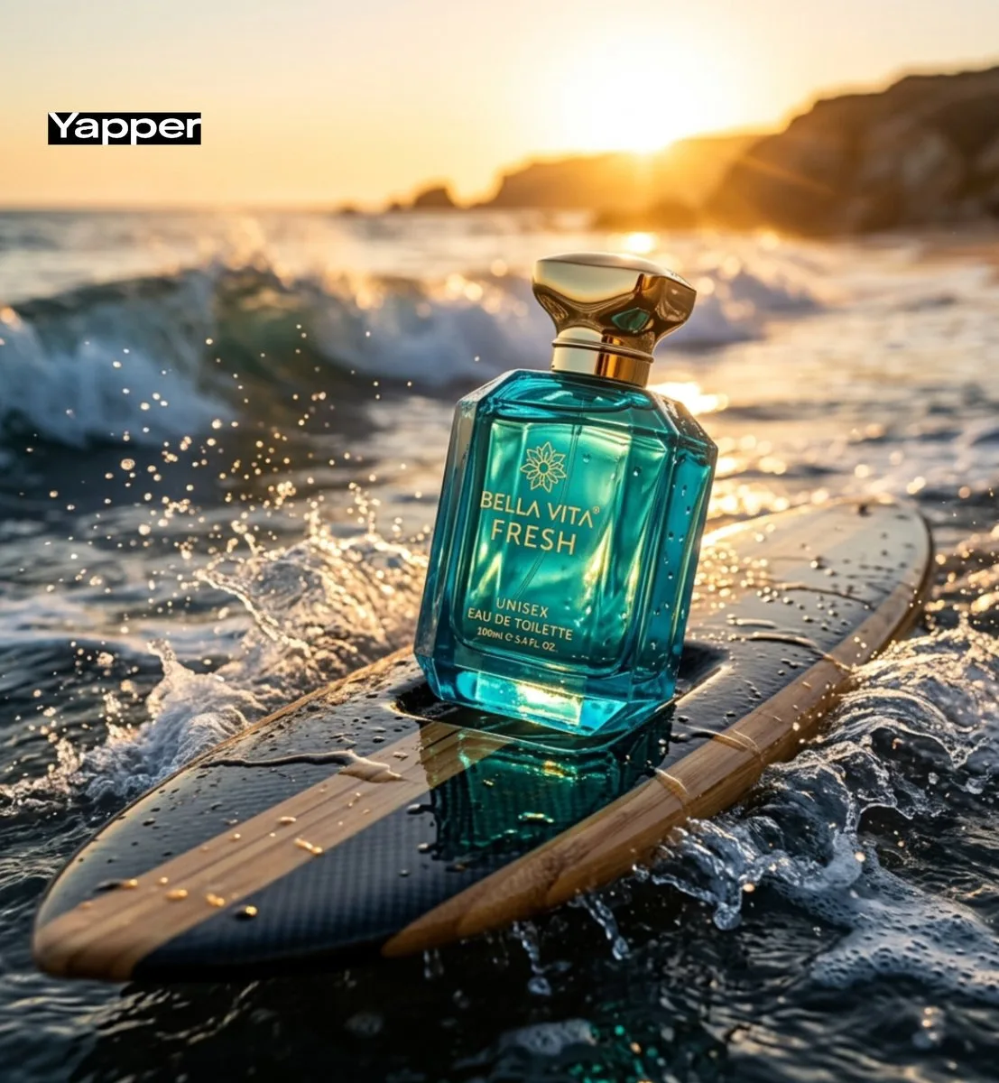 Luxury perfume on surfboard sunset — Sonra