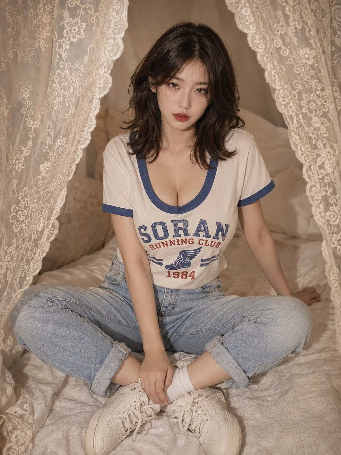 Cream lace curtain retro campus portrait — After