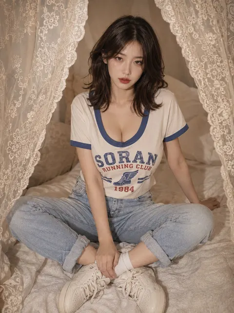 Cream lace curtain retro campus portrait
